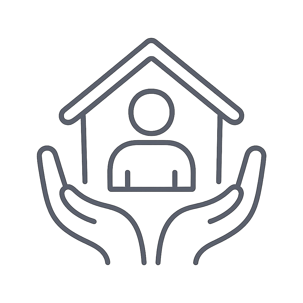 A simple line drawing of a house and two hands surrounding it.